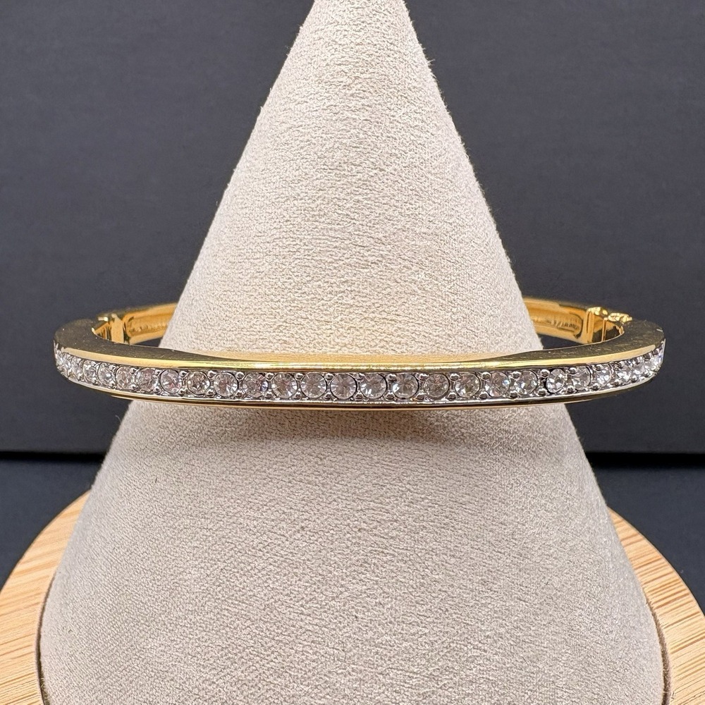 Vintage Swarovski Crystal Bracelet Bangle Hinged Swan Signed Gold Tone 7"